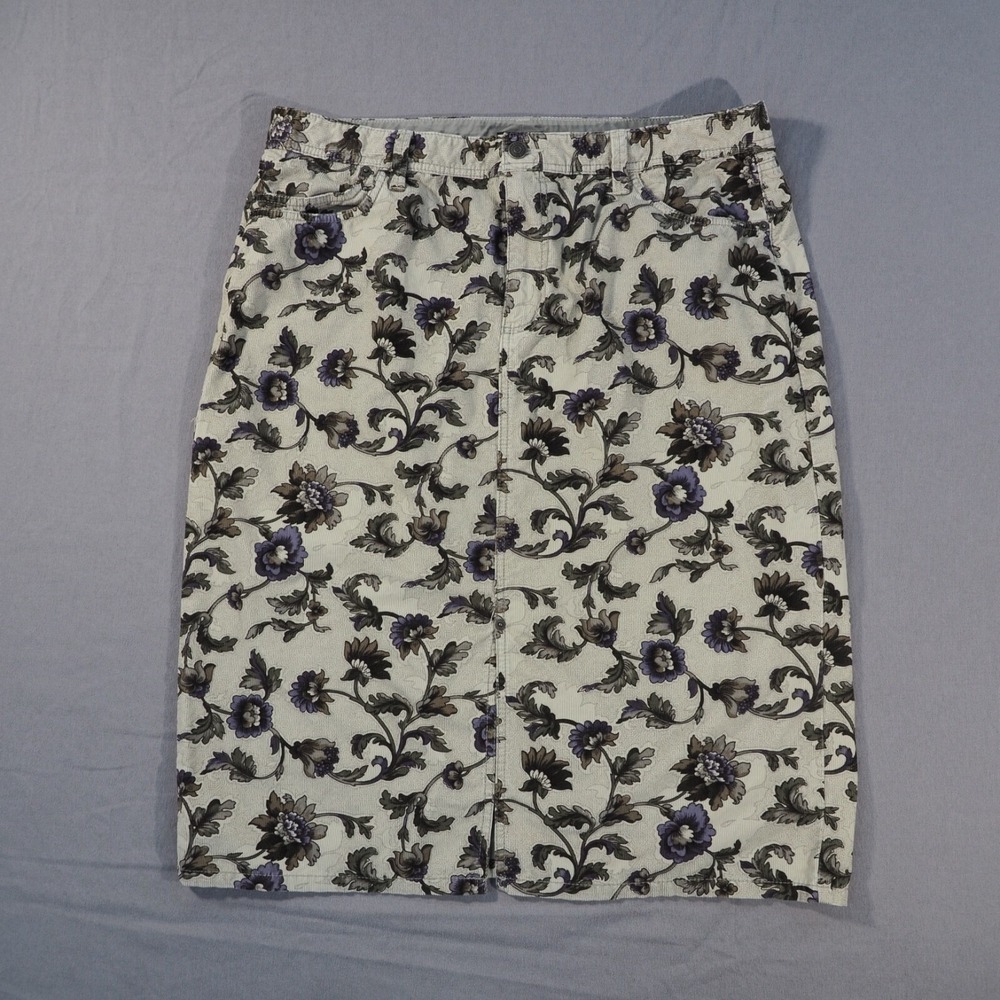 Eddie Bauer Skirt Women 16 Tan Purple Floral Corduroy Pencil Midi Cotton Pockets